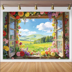 Lofaris Toile de fond de photographie fenêtre fleurie paysage printanier, magnifique arrière-plan naturel pour studio photo et portrait