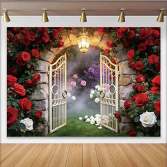 Lofaris Toile de fond de photographie arche fleurie avec roses rouges et porte élégante, magnifique décor de jardin romantique pour mariage