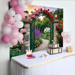 Lofaris Toile de fond de photographie jardin romantique avec arche fleurie et roses, magnifique arrière-plan pour studio photo et événement