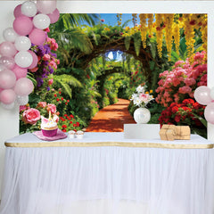 Lofaris Toile de fond de photographie jardin fleuri avec arches et fleurs colorées, arrière-plan pour studio photo et décoration de fête