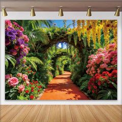 Lofaris Toile de fond de photographie jardin fleuri avec arches et fleurs colorées, arrière-plan pour studio photo et décoration de fête