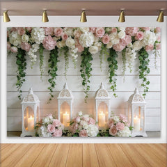 Lofaris Toile de fond mariage florale rose et blanche avec lanternes, élégant décor romantique pour événement et studio photo