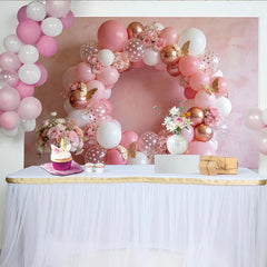 Lofaris Toile de fond de photographie ballons roses et or avec fleurs et papillons, élégant arrière-plan à pois pour studio photo