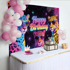 Lofaris Toile de fond Joyeux Anniversaire léopards fluo et feuilles tropicales, décor de fête vibrant avec arrière-plan pour studio photo