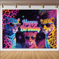 Lofaris Toile de fond Joyeux Anniversaire léopards fluo et feuilles tropicales, décor de fête vibrant avec arrière-plan pour studio photo