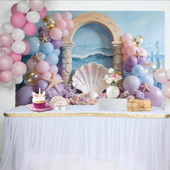 Lofaris Toile de fond pour baby shower sirène avec ballons pastel et étoiles de mer, magnifique décor de fête sous-marine pour séance photo