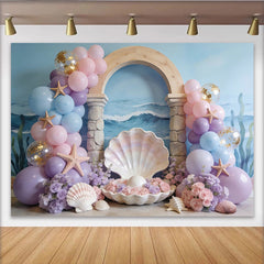 Lofaris Toile de fond pour baby shower sirène avec ballons pastel et étoiles de mer, magnifique décor de fête sous-marine pour séance photo