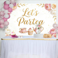 Lofaris Toile de fond goûter d'anniversaire fleurs roses et dorées, arrière-plan de thé avec cupcake, parfait pour fête ou studio photo