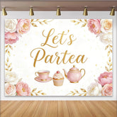 Lofaris Toile de fond goûter d'anniversaire fleurs roses et dorées, arrière-plan de thé avec cupcake, parfait pour fête ou studio photo