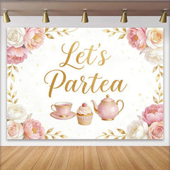 Lofaris Toile de fond goûter d'anniversaire fleurs roses et dorées, arrière-plan de thé avec cupcake, parfait pour fête ou studio photo