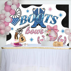 Lofaris Toile de fond pour baby shower western bottes bleues et nœuds roses, décor festif avec boule disco pour révélation du sexe