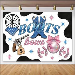 Lofaris Toile de fond pour baby shower western bottes bleues et nœuds roses, décor festif avec boule disco pour révélation du sexe