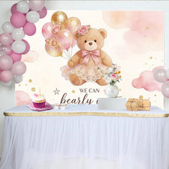 Lofaris: Toile de fond pour baby shower ourson fille avec ballons roses et dorés, adorable décor de fête pour célébration de naissance