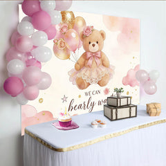 Lofaris: Toile de fond pour baby shower ourson fille avec ballons roses et dorés, adorable décor de fête pour célébration de naissance