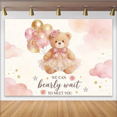 Lofaris: Toile de fond pour baby shower ourson fille avec ballons roses et dorés, adorable décor de fête pour célébration de naissance