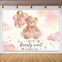 Lofaris: Toile de fond pour baby shower ourson fille avec ballons roses et dorés, adorable décor de fête pour célébration de naissance