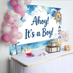 Lofaris Toile de fond pour baby shower garçon thème marin avec voilier et ancre, magnifique décor de bienvenue pour nouveau-né et séance photo