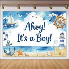 Lofaris Toile de fond pour baby shower garçon thème marin avec voilier et ancre, magnifique décor de bienvenue pour nouveau-né et séance photo