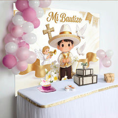 Lofaris Élégante toile de fond pour baptême garçon avec croix et colombes dorées, magnifique décor de fête religieux pour studio photo