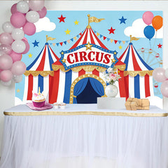 Lofaris Toile de fond pour anniversaire cirque rouge blanc bleu avec paillettes et ballons, décor de fête pour studio photo