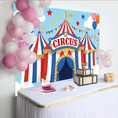 Lofaris Toile de fond pour anniversaire cirque rouge blanc bleu avec paillettes et ballons, décor de fête pour studio photo