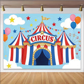 Lofaris Toile de fond pour anniversaire cirque rouge blanc bleu avec paillettes et ballons, décor de fête pour studio photo