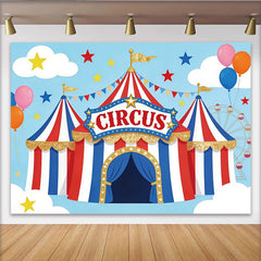 Lofaris Toile de fond pour anniversaire cirque rouge blanc bleu avec paillettes et ballons, décor de fête pour studio photo