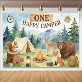 Lofaris Toile de fond 1er anniversaire camping et animaux de la forêt, décor de studio photo pour enfant avec montagnes et feu