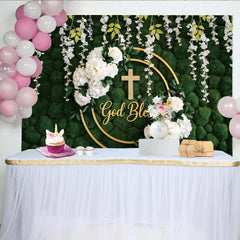 Lofaris Toile de fond baptême mur de mousse vert et fleurs blanches, élégant décor avec inscription God Bless pour studio photo