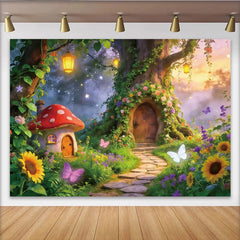 Lofaris Toile de fond de photographie jardin enchanté avec maison champignon et papillons, arrière-plan magique avec fleurs et étoiles