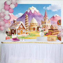 Lofaris Toile de fond pour anniversaire monde de bonbons et sucettes colorées, décor de fête féerique avec château de sucreries pour enfants