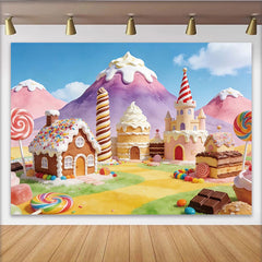Lofaris Toile de fond pour anniversaire monde de bonbons et sucettes colorées, décor de fête féerique avec château de sucreries pour enfants