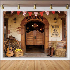 Lofaris Toile de fond de photographie western saloon avec portes en bois et affiche Wanted, décor rustique de cowboy pour studio photo