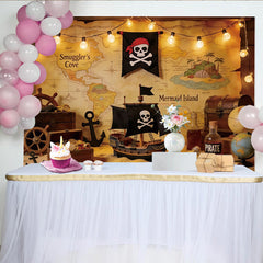 Lofaris Toile de fond pour anniversaire pirate avec carte au trésor et bateau, décor d'aventure pour fête d'enfants et studio photo