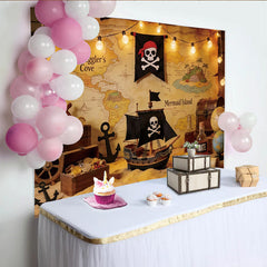 Lofaris Toile de fond pour anniversaire pirate avec carte au trésor et bateau, décor d'aventure pour fête d'enfants et studio photo