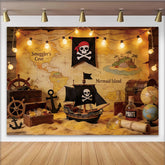 Lofaris Toile de fond pour anniversaire pirate avec carte au trésor et bateau, décor d'aventure pour fête d'enfants et studio photo