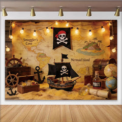 Lofaris Toile de fond pour anniversaire pirate avec carte au trésor et bateau, décor d'aventure pour fête d'enfants et studio photo