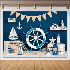 Lofaris Toile de fond de photographie thème marin avec roue de bateau et voilier, élégant arrière-plan bleu pour studio photo et événement