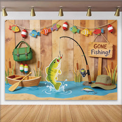 Lofaris Toile de fond pour anniversaire pêche avec canne à pêche et poissons colorés, magnifique décor de scène de lac et bateau