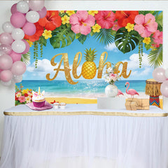 Lofaris Toile de fond de photographie Aloha plage tropicale et ananas, décor avec flamants roses et fleurs d'hibiscus pour studio photo
