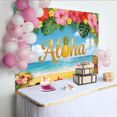 Lofaris Toile de fond de photographie Aloha plage tropicale et ananas, décor avec flamants roses et fleurs d'hibiscus pour studio photo