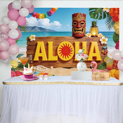 Lofaris Toile de fond pour fête tropicale avec panneau ALOHA et fleurs d'hibiscus, décor de plage estival pour studio photo et événement