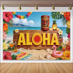 Lofaris Toile de fond pour fête tropicale avec panneau ALOHA et fleurs d'hibiscus, décor de plage estival pour studio photo et événement