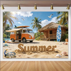 Lofaris Toile de fond de photographie plage d'été avec van vintage et palmiers, magnifique arrière-plan tropical pour studio photo et vacances