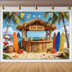 Lofaris Toile de fond de photographie plage tropicale avec bar tiki et palmiers, magnifique arrière-plan estival pour studio et événement d'été