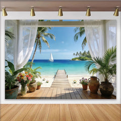 Lofaris Toile de fond de photographie plage tropicale avec palmiers et océan bleu, magnifique arrière-plan de vacances pour studio photo