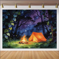 Lofaris Toile de fond de photographie nuit étoilée avec tente et feu de camp, magnifique arrière-plan de forêt pour studio photo