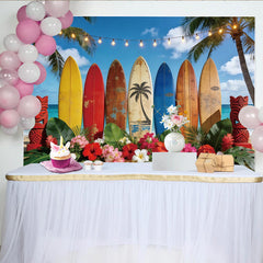 Lofaris Toile de fond plage tropicale avec planches de surf et palmiers lumineux, superbe décor d'été pour séance photo et ambiance hawaïenne