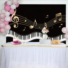 Lofaris Toile de fond de photographie musique piano noir et or élégant, arrière-plan de scène musicale avec notes dorées pour studio photo
