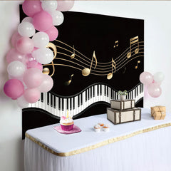 Lofaris Toile de fond de photographie musique piano noir et or élégant, arrière-plan de scène musicale avec notes dorées pour studio photo